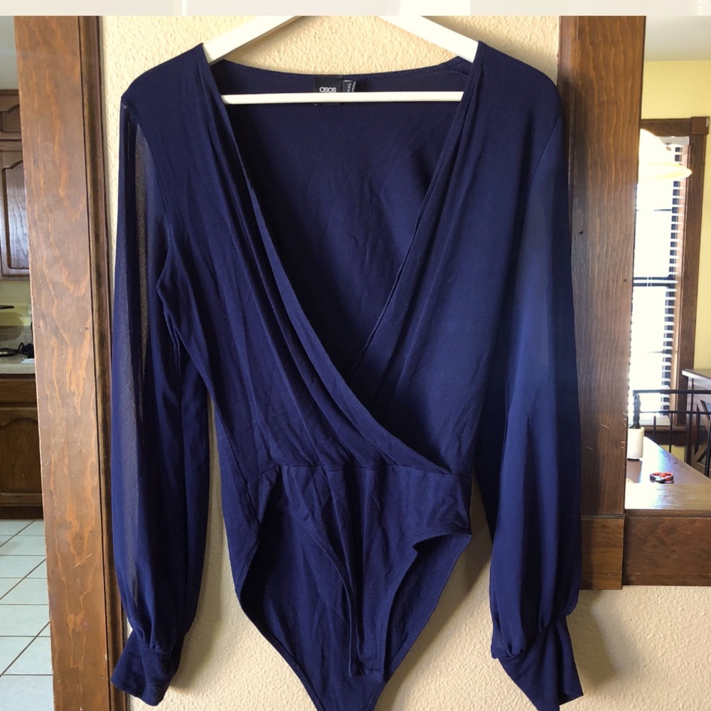 ASOS Navy Blue Leotard with Sheer Sleeves